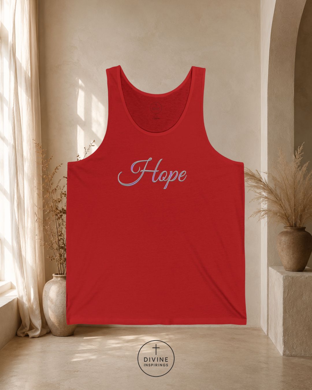 Red tank top with 'Hope' text in a room with light-colored walls and decor.
