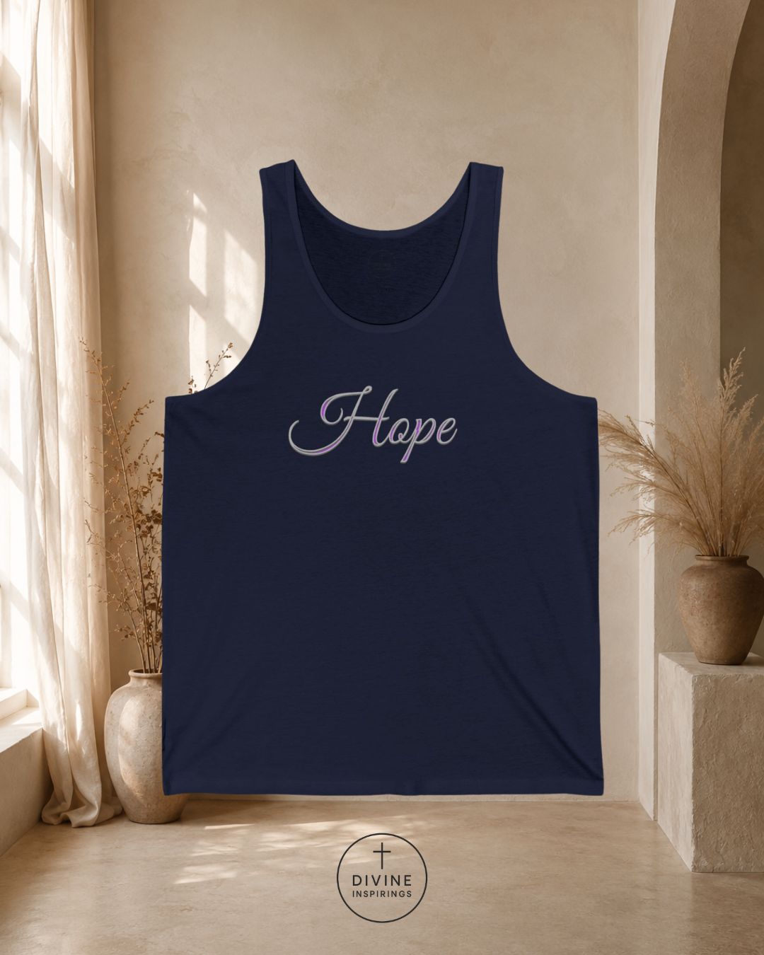 Black tank top with 'Hope' text in a minimalistic room with natural light.