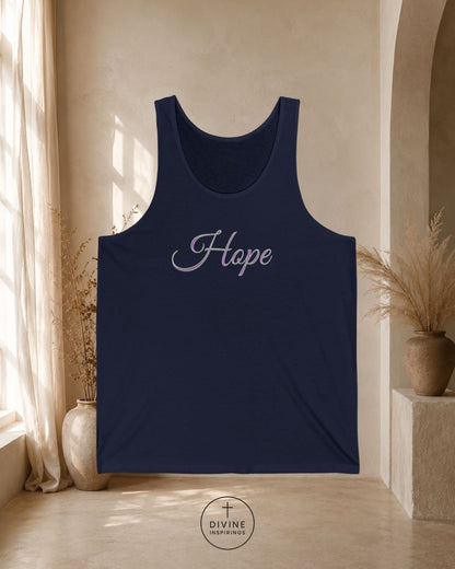 Black tank top with 'Hope' text in a minimalistic room with natural light.