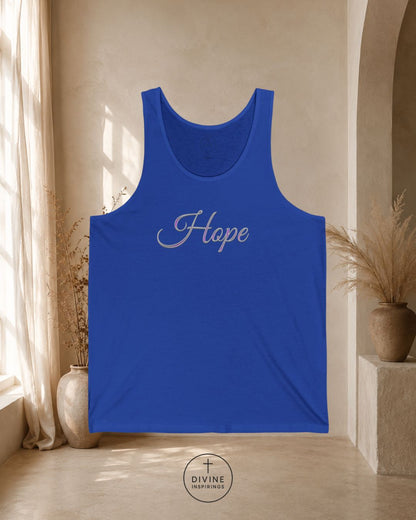 Blue tank top with 'Hope' text in a room with natural light