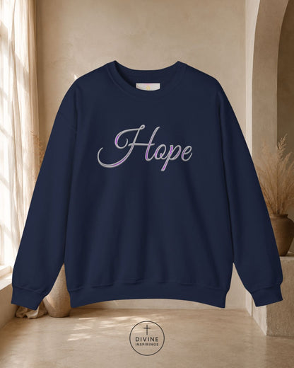 Navy blue sweatshirt with 'Hope' text in a decorative font on a neutral background