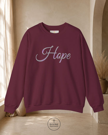 Maroon sweatshirt with 'Hope' text in a neutral indoor setting