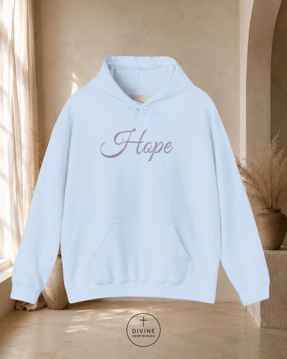 Light blue hoodie with 'Faith' text on a neutral background