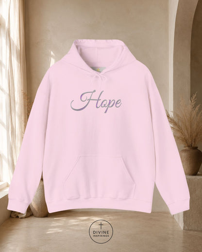 Pink hoodie with 'Hope' text on a neutral background