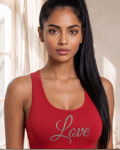 Woman wearing a red tank top with 'Love' printed on it, standing against a neutral background.