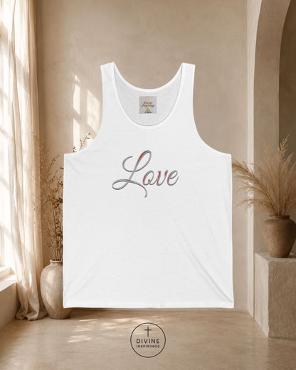 White tank top with 'Love' printed on it in a room with natural light
