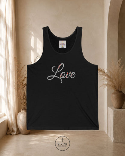 Black tank top with 'Love' printed on it in a room with natural light