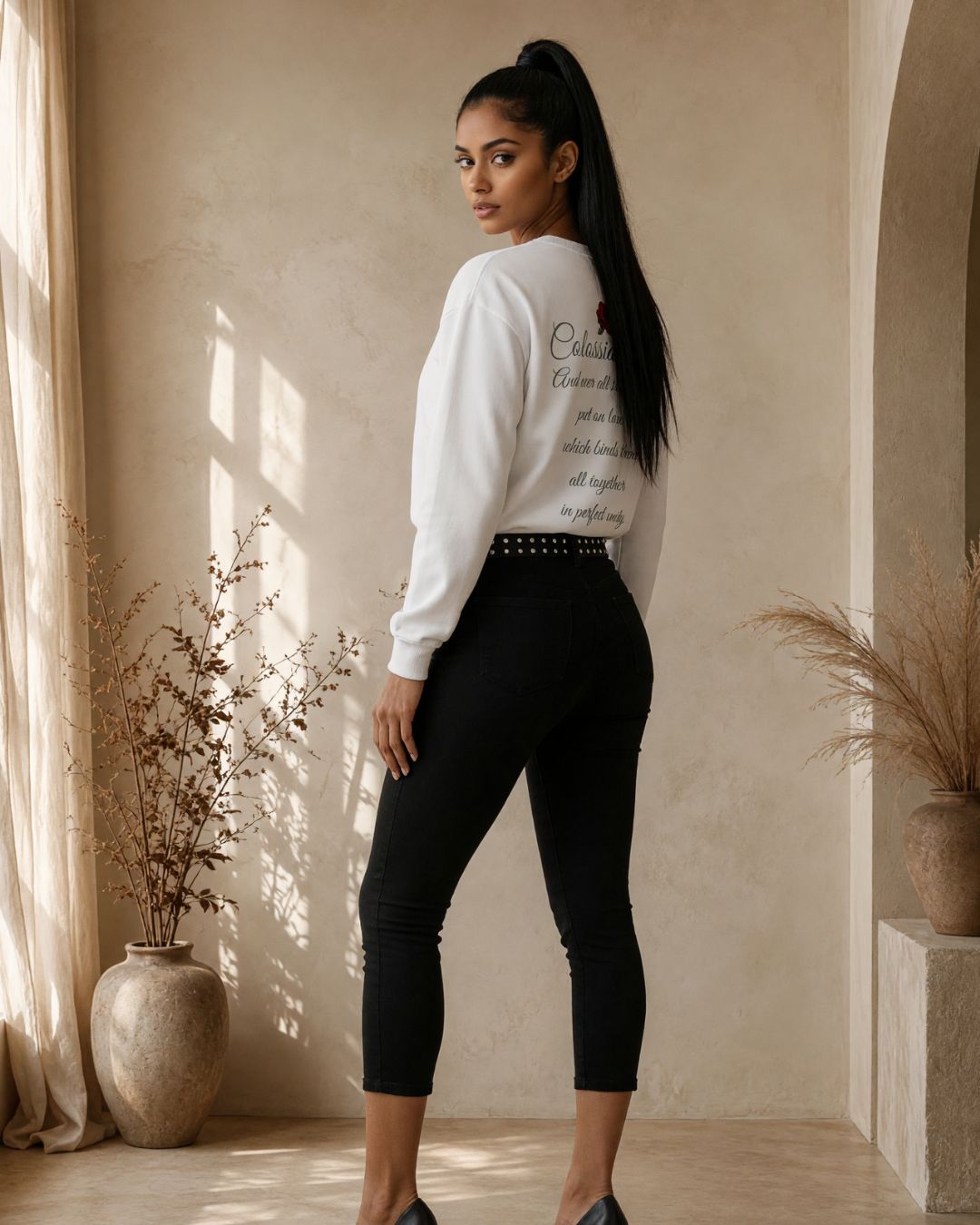Woman wearing a white sweatshirt and black pants standing in a room with beige walls and decorative plants.