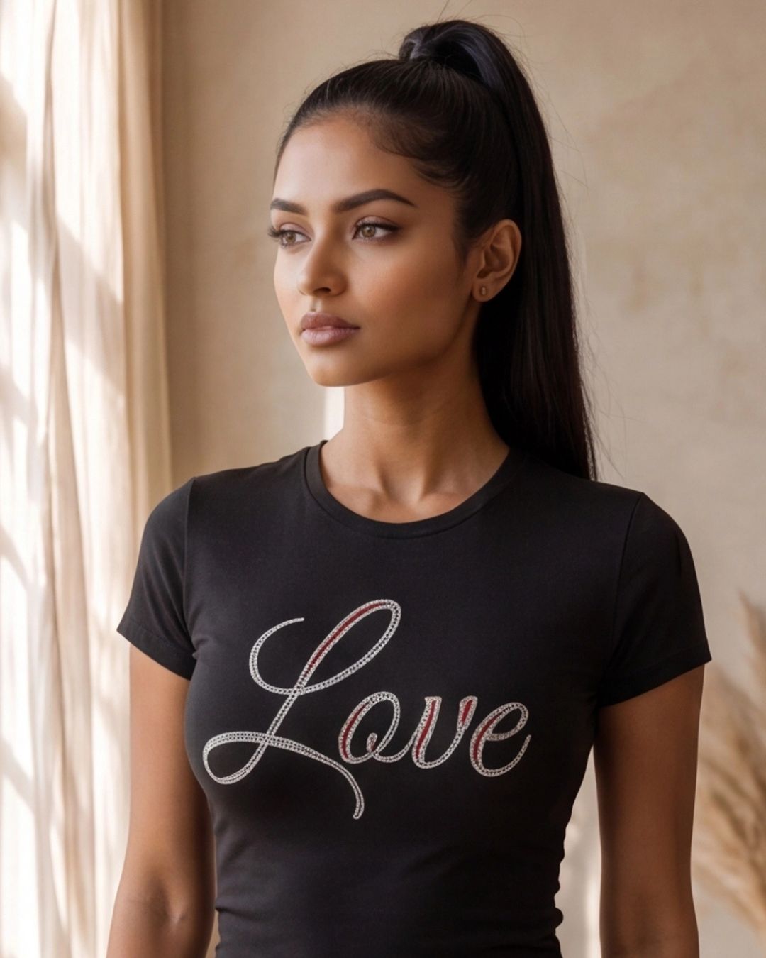 Woman wearing a black t-shirt with 'Love' printed on it, standing indoors.
