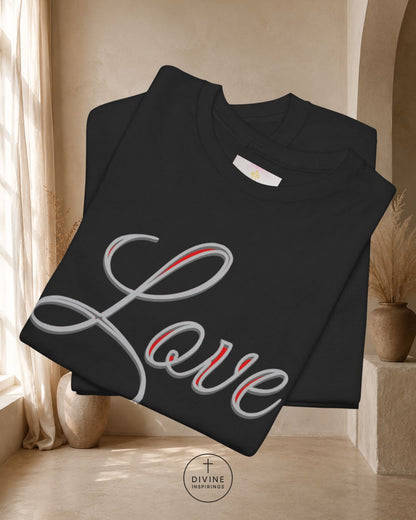 Black sweatshirt with 'Love' design in a room with beige walls and decor.