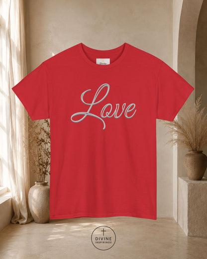 Red t-shirt with 'Love' printed on it in a room with curtains and plants.