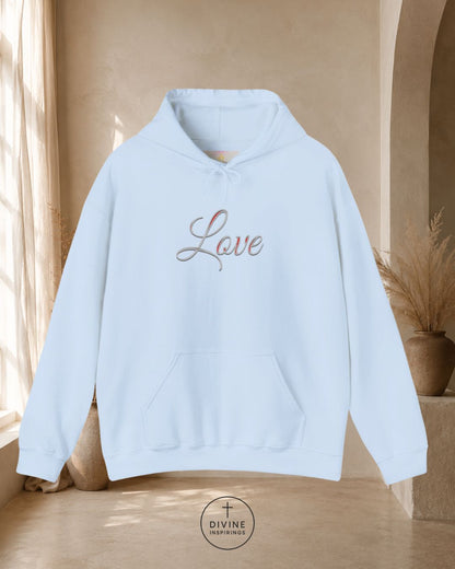 Light blue hoodie with 'Love' text on a neutral background