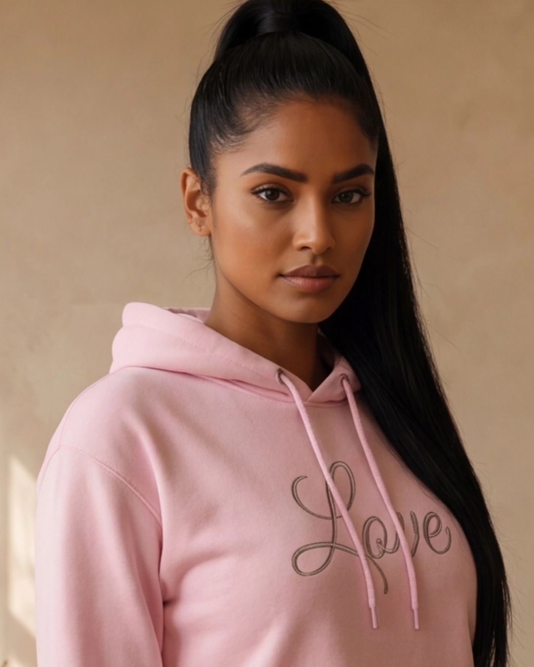 Woman wearing a pink hoodie with 'Love' printed on it against a beige background