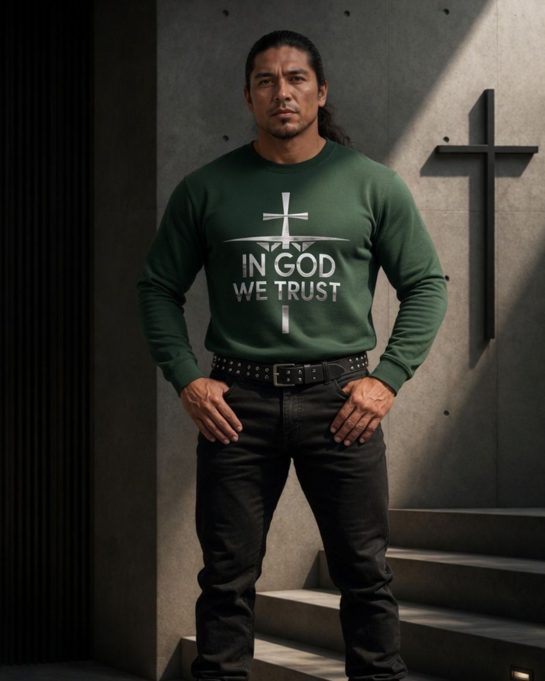 Man wearing a green sweatshirt with 'In God We Trust' text in a religious setting.