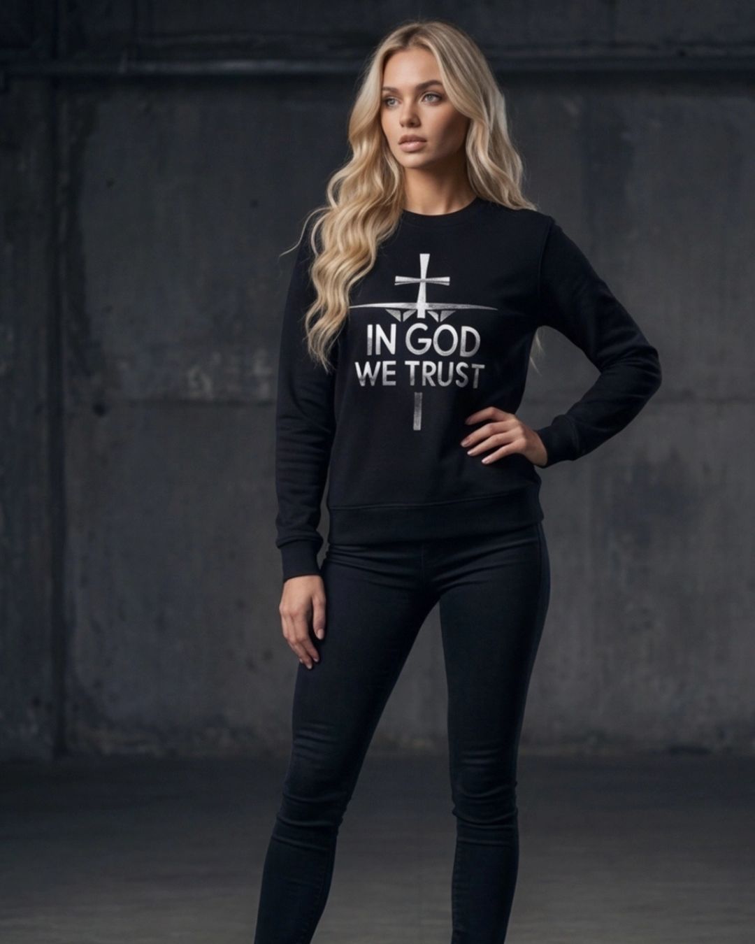 Woman wearing a black sweatshirt with 'IN GOD WE TRUST' text against a dark background