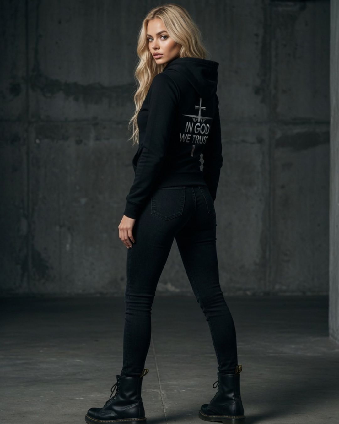 Woman wearing a black hoodie with text on the back against a dark background