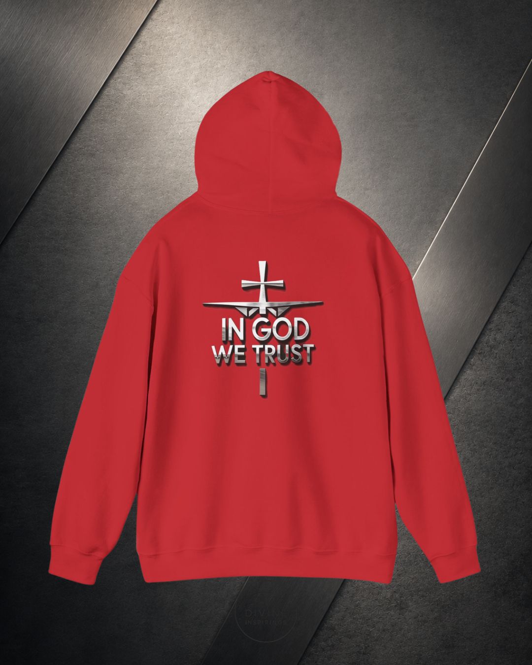 Red hoodie with 'In God We Trust' text and cross design on a dark background
