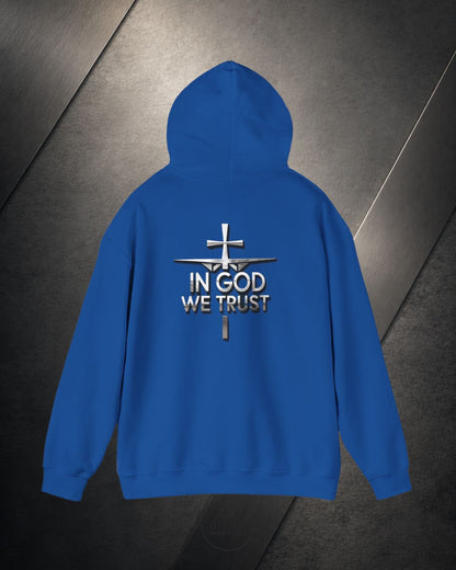 Blue hoodie with 'In God We Trust' text and cross design on a dark background