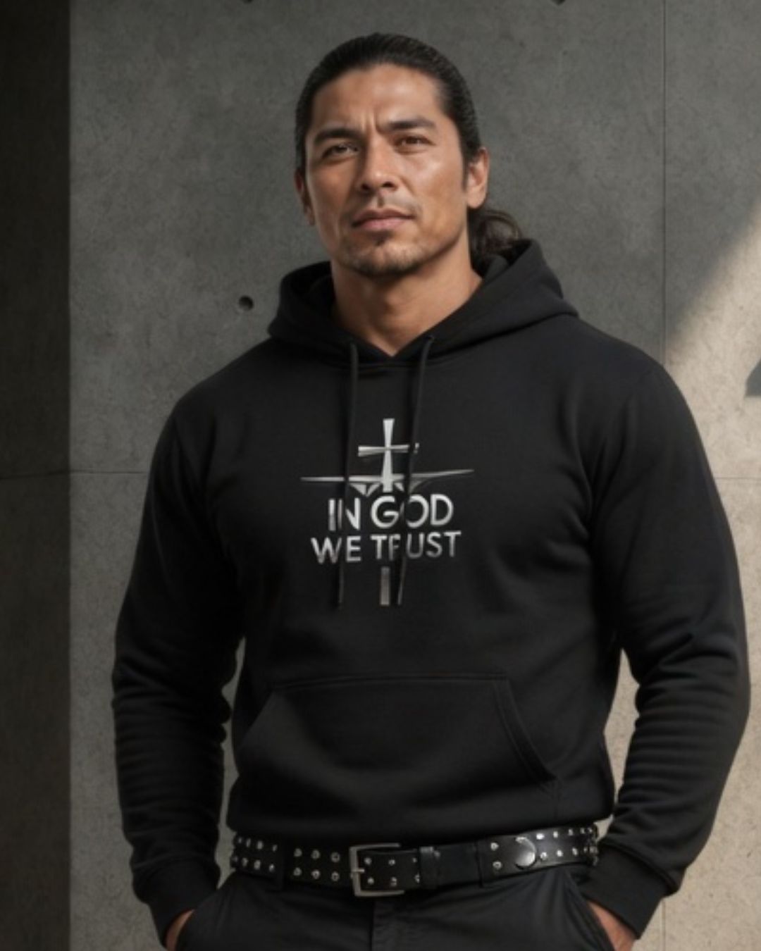 Person wearing a black hoodie with 'In God We Trust' text against a gray background