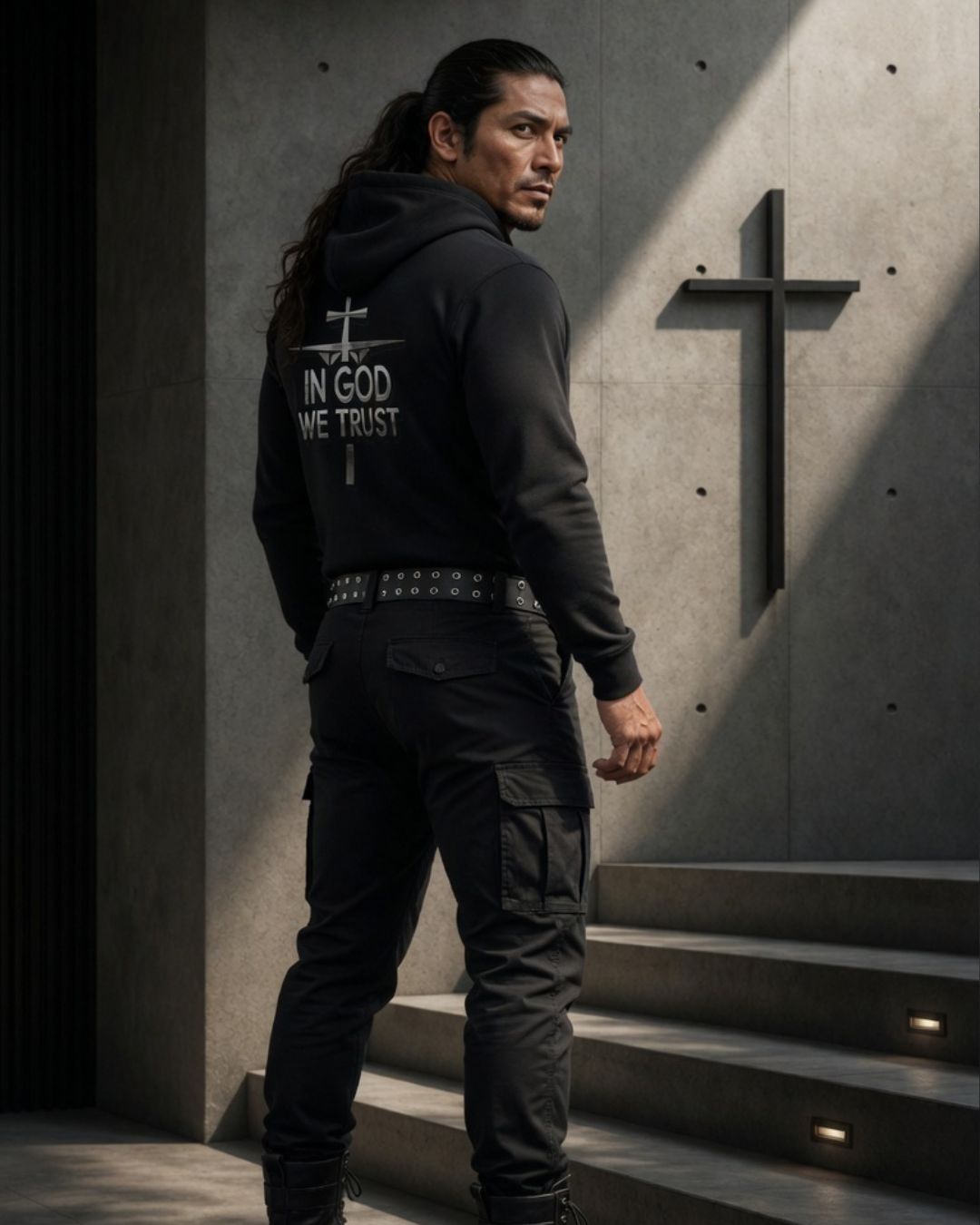 Man wearing a hoodie with 'In God We Trust' text, standing in a concrete setting with a cross.