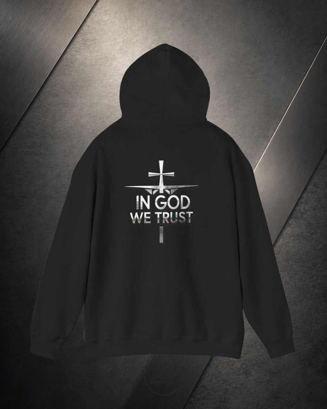 Black hoodie with 'In God We Trust' text on a dark background
