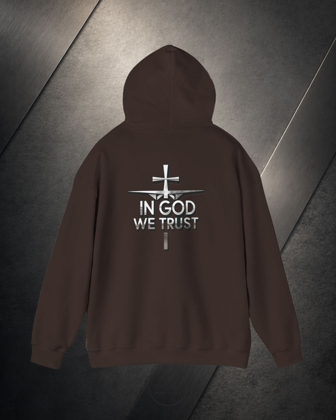 Brown hoodie with 'In God We Trust' text on the back against a dark background