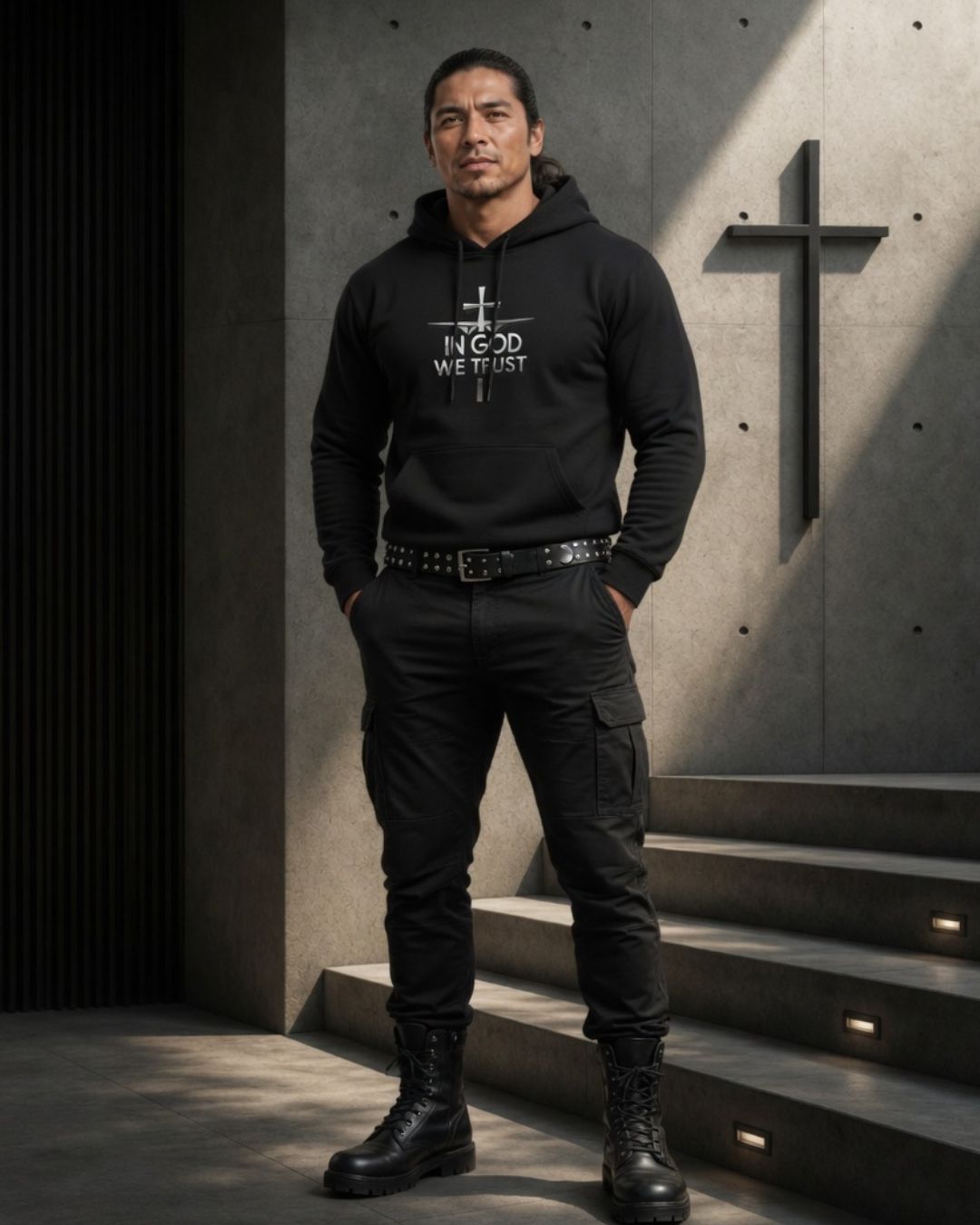 Man wearing a black hoodie with text, standing in a modern interior setting with a cross on the wall.