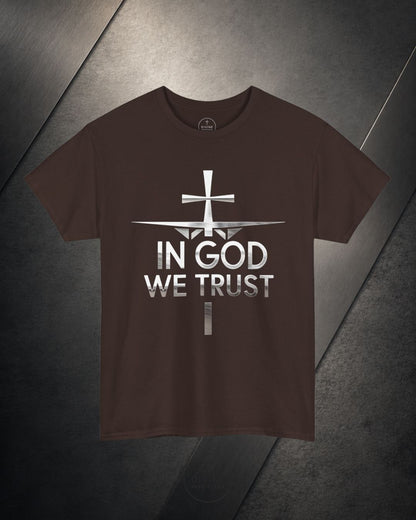 Brown t-shirt with 'In God We Trust' text and cross design on a dark background