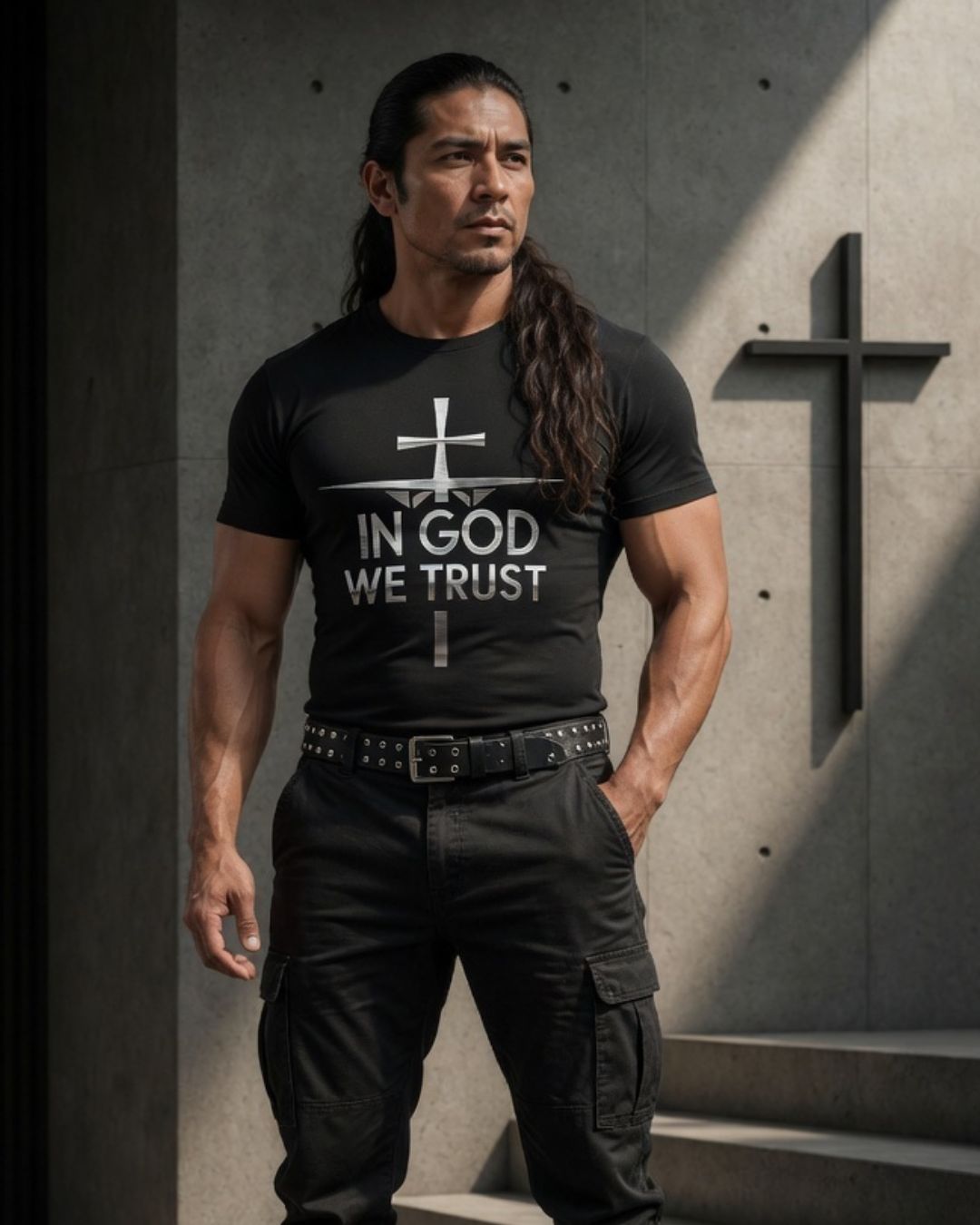 Man wearing a black t-shirt with 'In God We Trust' text, standing against a concrete wall with a cross.