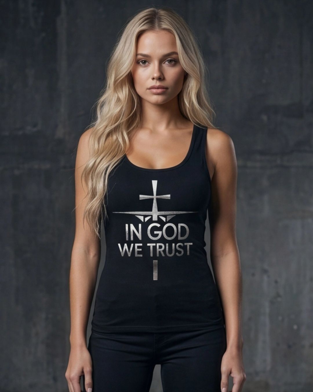 Woman wearing a black tank top with 'IN GOD WE TRUST' text against a dark background