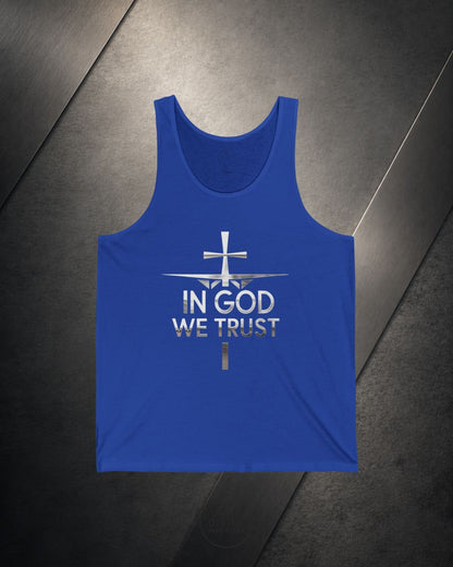 Blue tank top with 'In God We Trust' text on a dark background