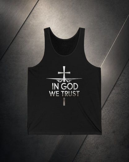 Black tank top with 'In God We Trust' text on a dark gray background
