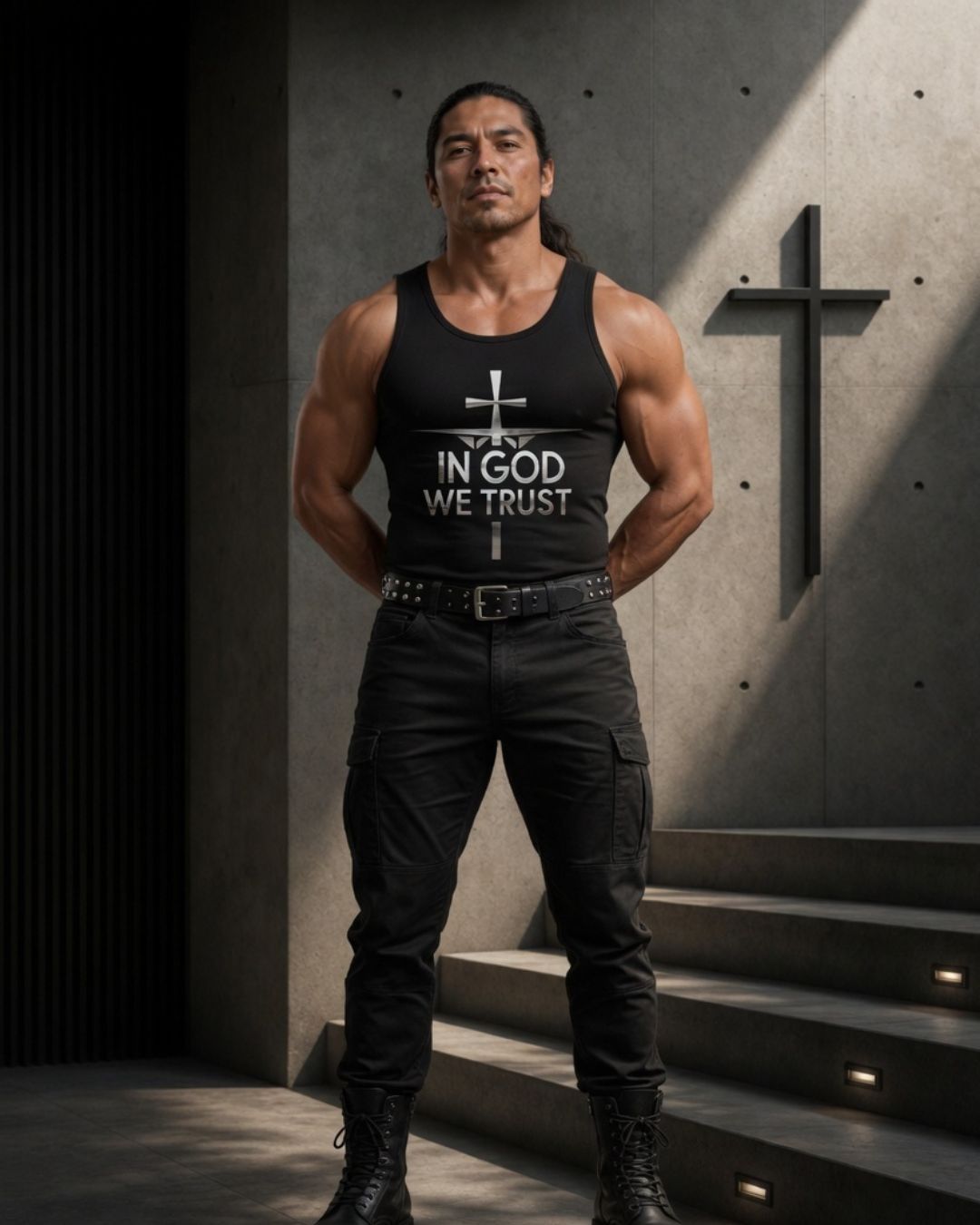 Man wearing a black tank top with 'IN GOD WE TRUST' text, standing in a dimly lit room with a cross on the wall.