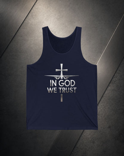Navy tank top with 'In God We Trust' text on a dark surface