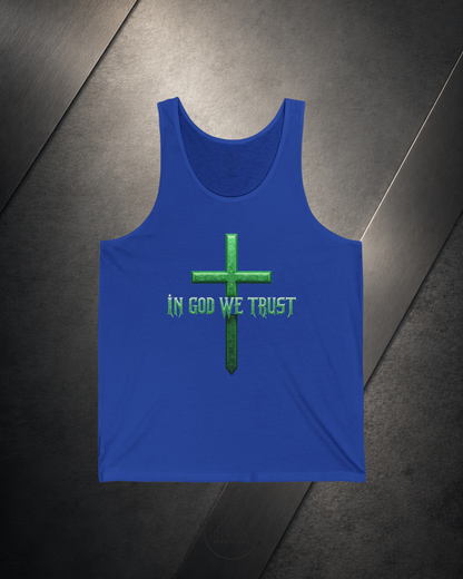Blue tank top with green cross and 'IN GOD WE TRUST' text on a dark surface