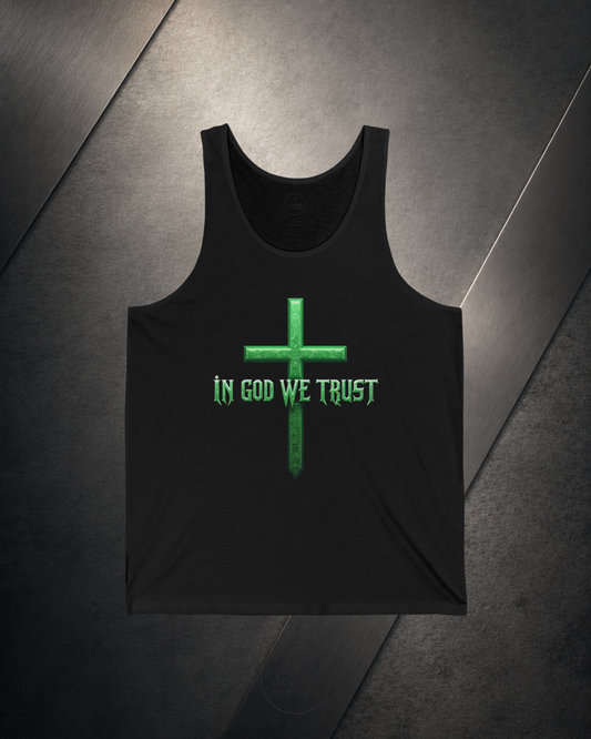 Black tank top with green cross and 'IN GOD WE TRUST' text on a dark background