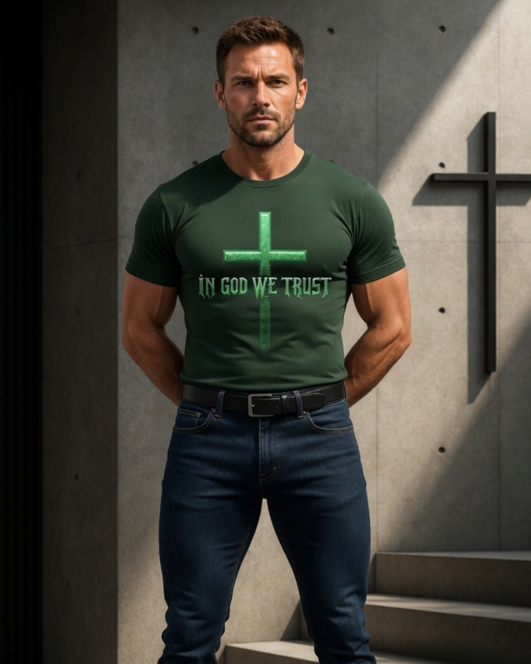 Man wearing a green t-shirt with 'IN GOD WE TRUST' and a cross design, standing against a concrete wall with a cross.