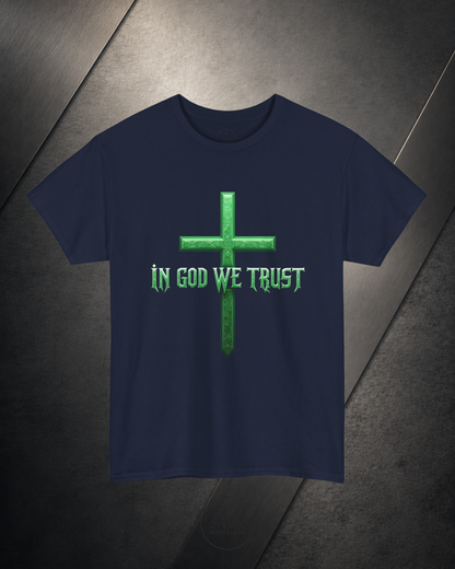 Navy blue t-shirt with green cross and 'In God We Trust' text on a dark textured background