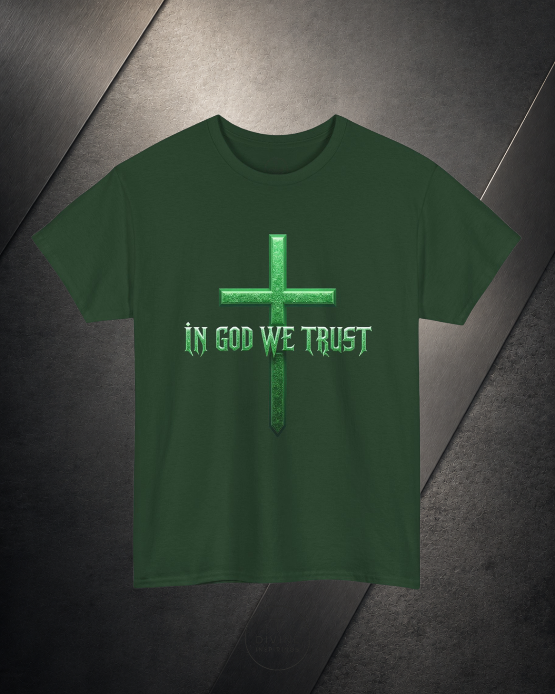 Green t-shirt with a cross and 'In God We Trust' text on a dark textured background