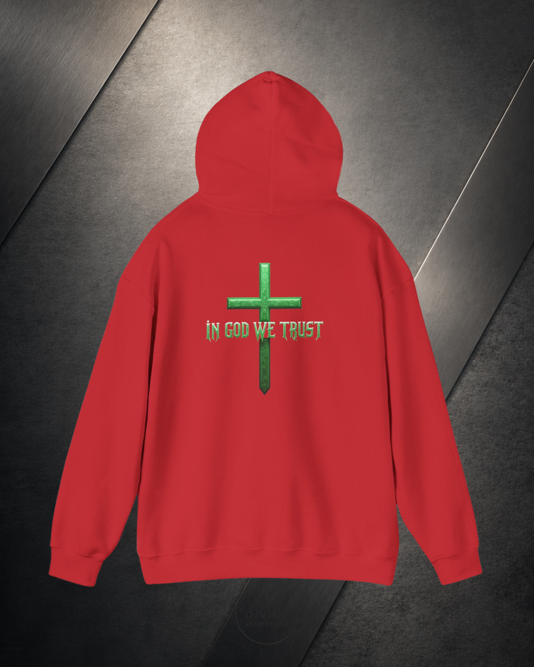 Red hoodie with a green cross and 'In God We Trust' text on a dark background