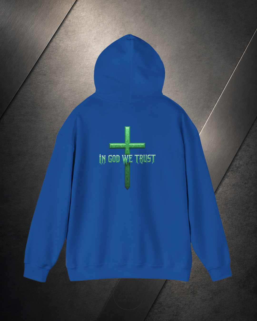 Blue hoodie with a green cross and 'IN GOD WE TRUST' text on a dark surface