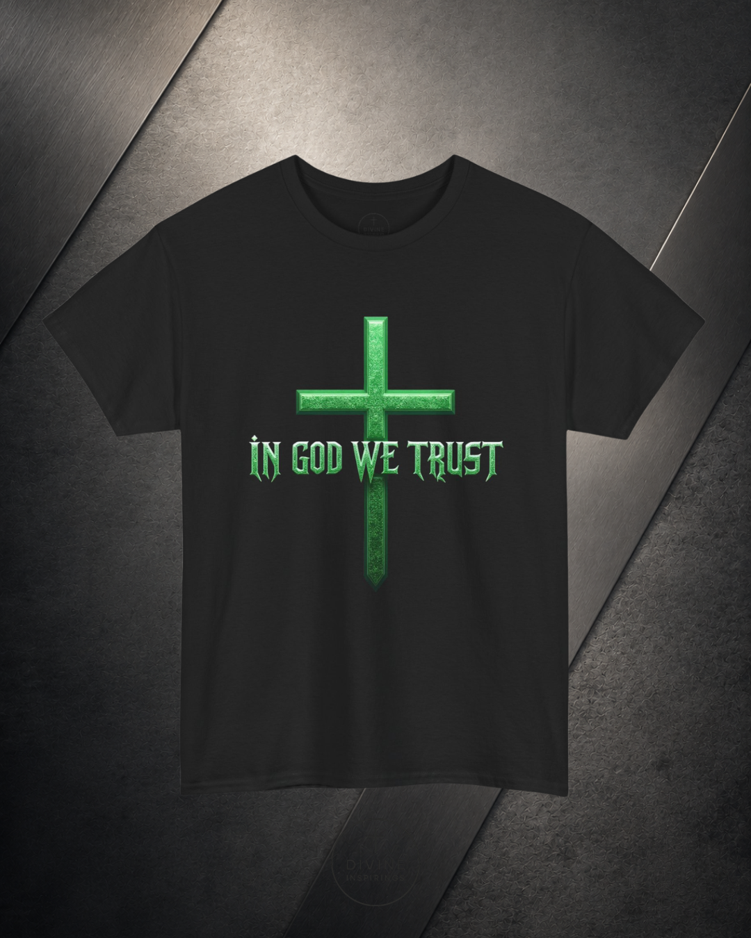 Black t-shirt with green cross and 'In God We Trust' text on a dark background