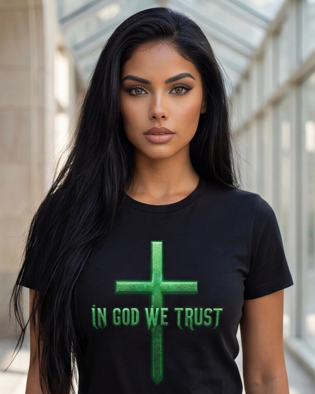 Woman wearing a black t-shirt with a green cross and 'IN GOD WE TRUST' text.