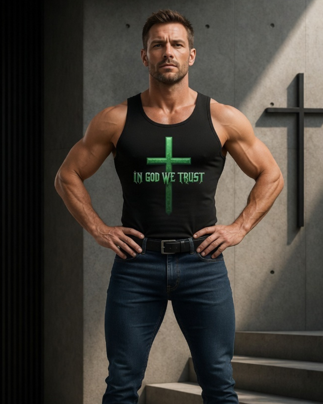 Man wearing a black tank top with 'In God We Trust' graphic in a dark setting