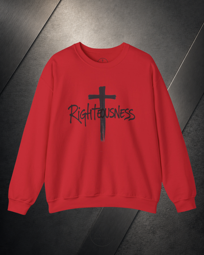 Red sweatshirt with a black cross and 'Righteousness' text on a dark surface