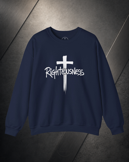 Navy blue sweatshirt with a white cross and 'Righteousness' text on a dark textured background