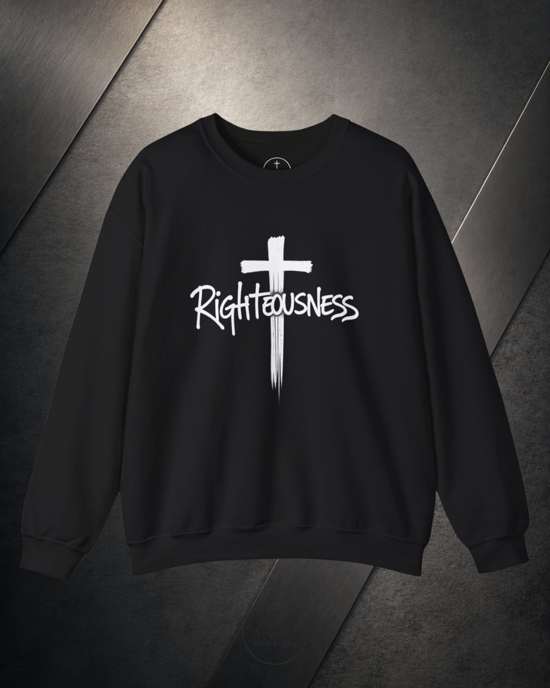 Black sweatshirt with a white cross and 'Righteousness' text on a dark background
