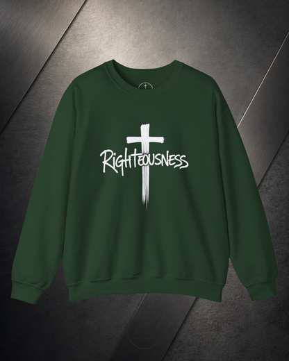 Green sweatshirt with a white cross and 'Righteousness' text on a dark background