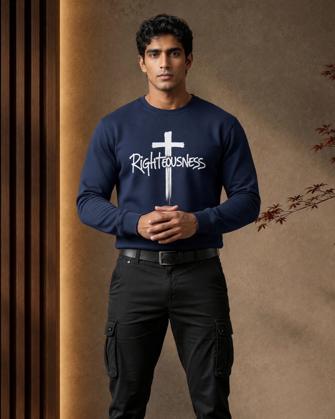 Man wearing a navy blue sweatshirt with a cross and 'Righteousness' text against a brown background