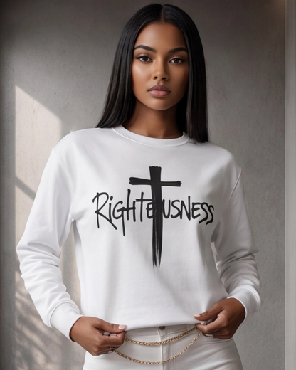 Woman wearing a white sweatshirt with 'Righteousness' text and cross design.